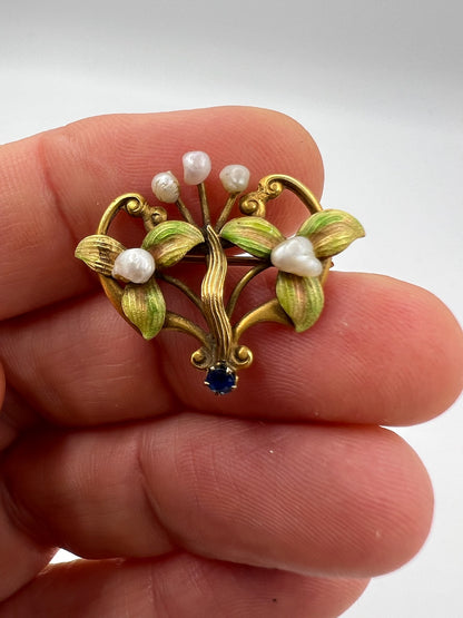 Sweet Gold Pearl Sapphire Enamel Art Nouveau Brooch Pin / Pendant