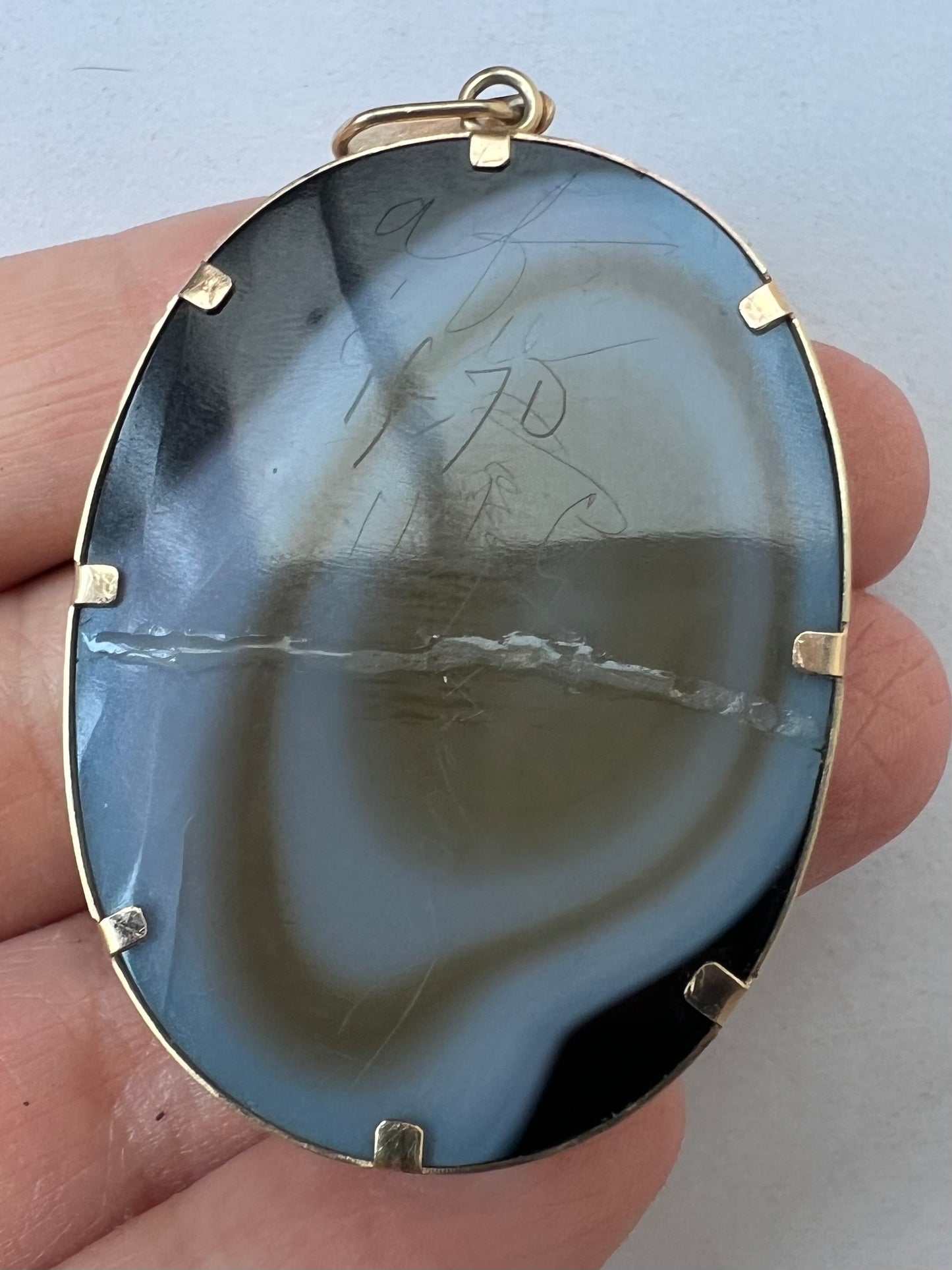 Victorian Banded Agate Hardstone Signed Cameo Pendant in Gold Frame