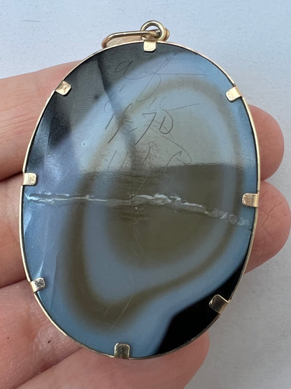 Victorian Banded Agate Hardstone Signed Cameo Pendant in Gold Frame