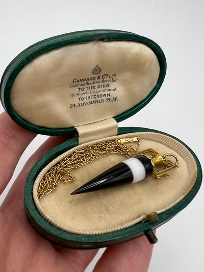 Etruscan Revival Ampule Amphora Banded Agate 15ct Gold Pendant & Chain