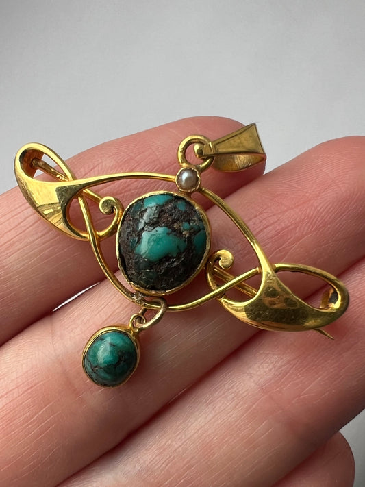 Murrle Bennett Gold Arts & Crafts Turquoise Brooch Pendant in 15ct Gold