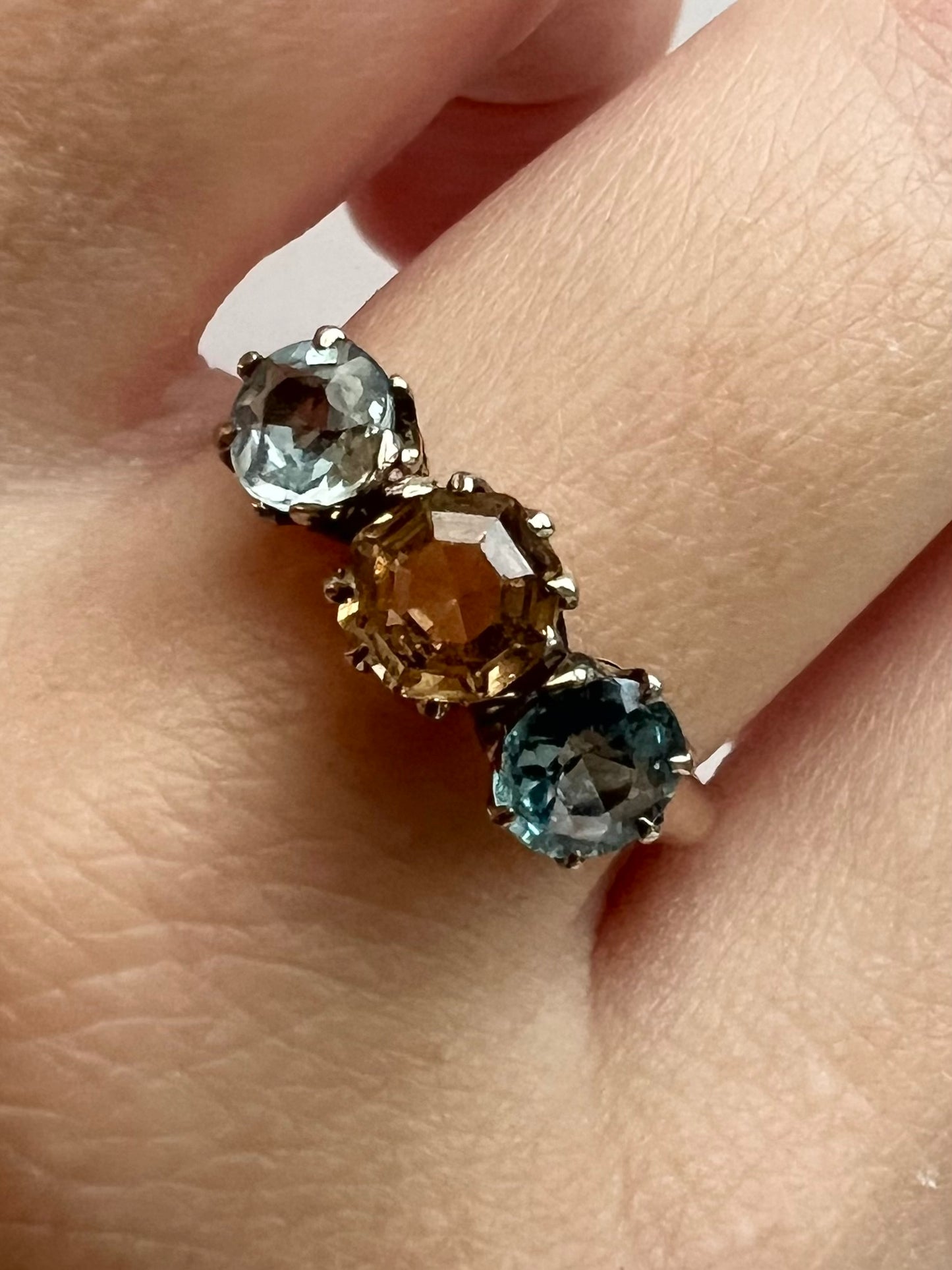 Peach Pink Topaz & Aquamarine 3 Stone Harlequin Pastel Colour Ring in 18ct Gold