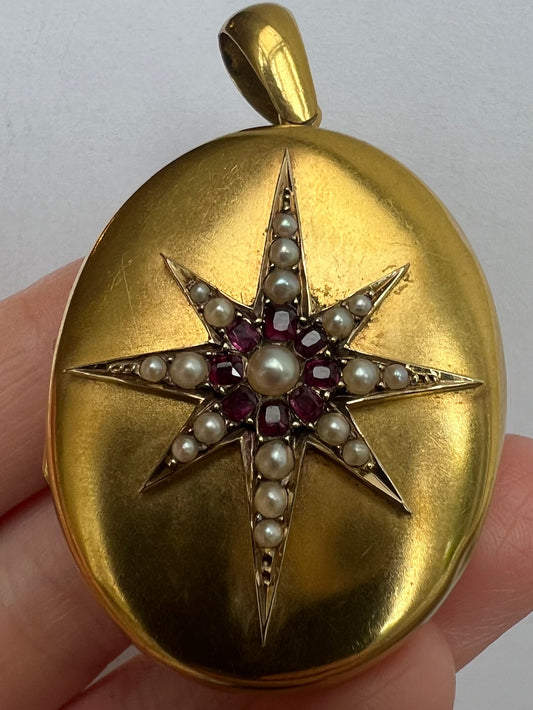 Victorian Gold Ruby Pearl Large Locket Star Pendant