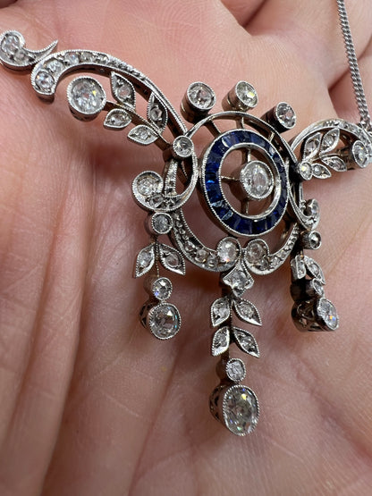 Antique Belle Époque diamond 18ct White Gold Sapphire Lavalier Necklace