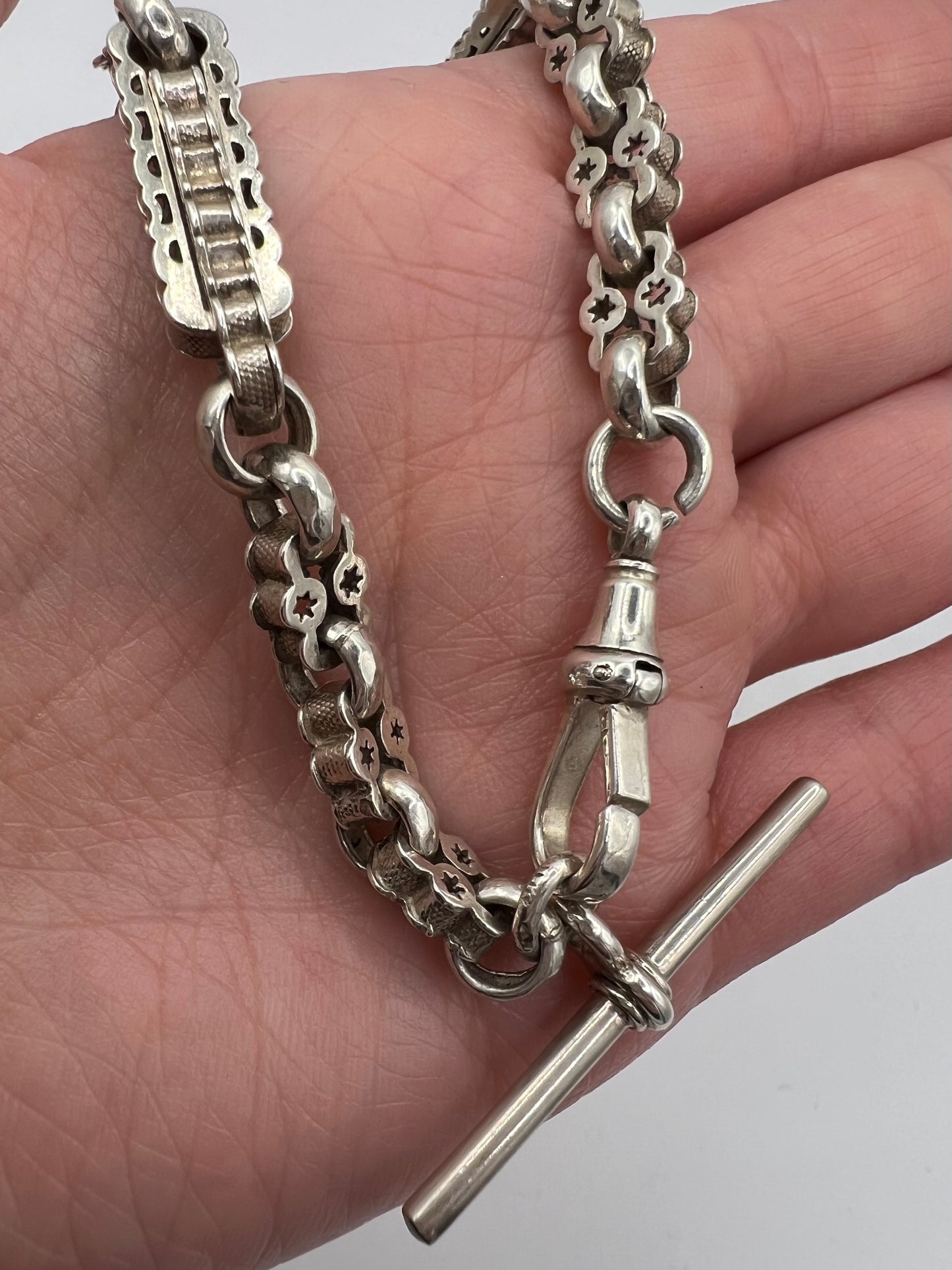 Victorian Stars & Bars Silver Albert Chain Bracelet T bar & Dog Clip