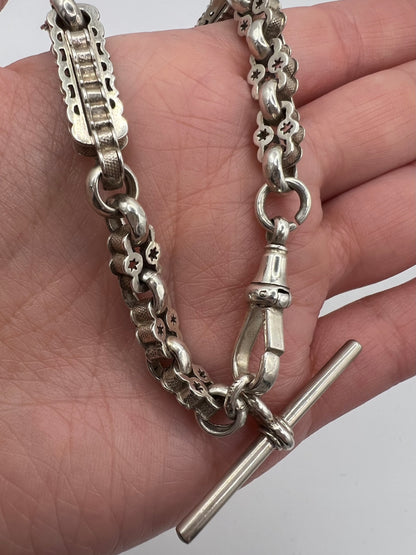 Victorian Stars & Bars Silver Albert Chain Bracelet T bar & Dog Clip