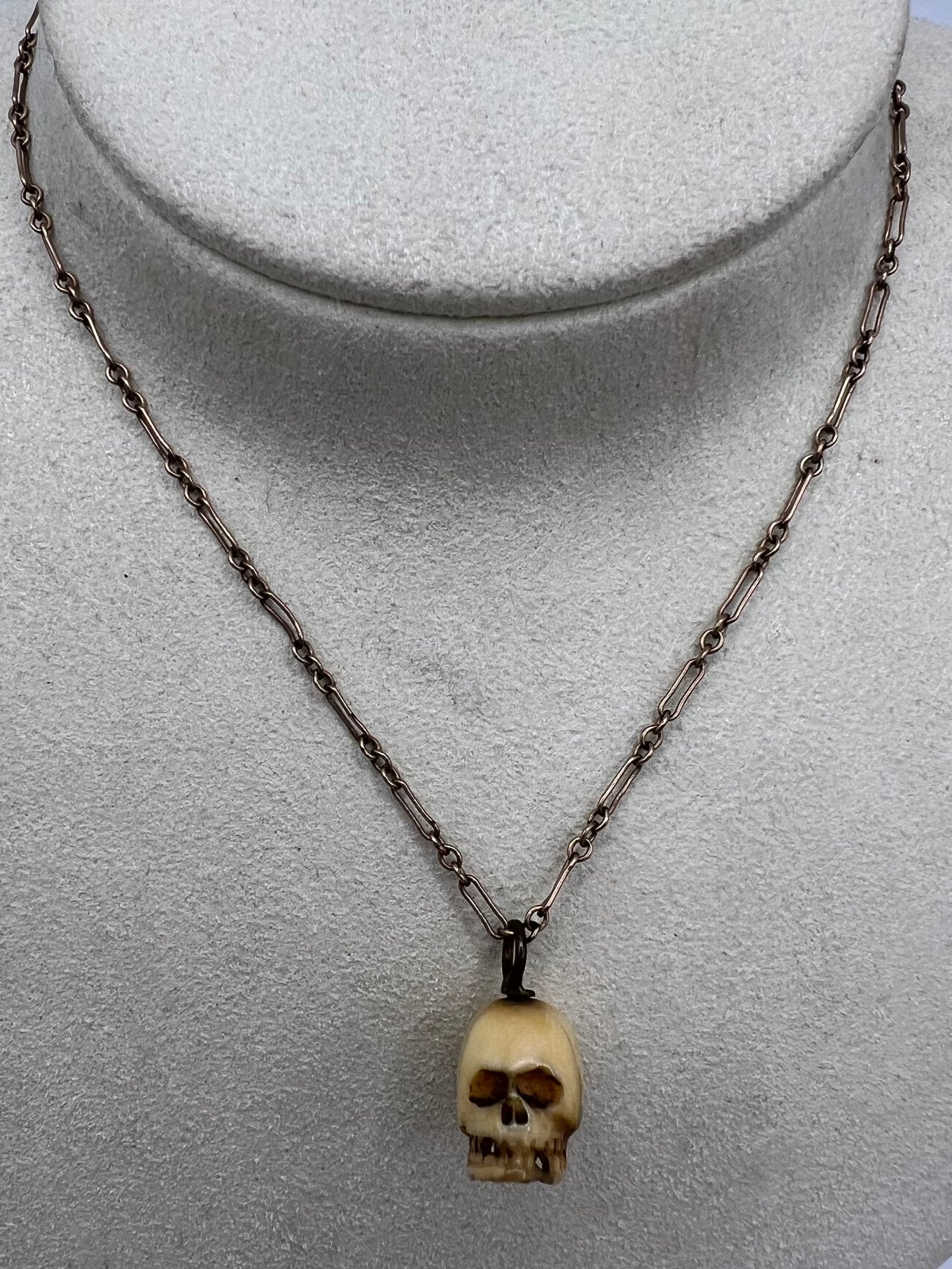 Japanese Antique Skull Charm On 9ct Gold Fetter Link Chain