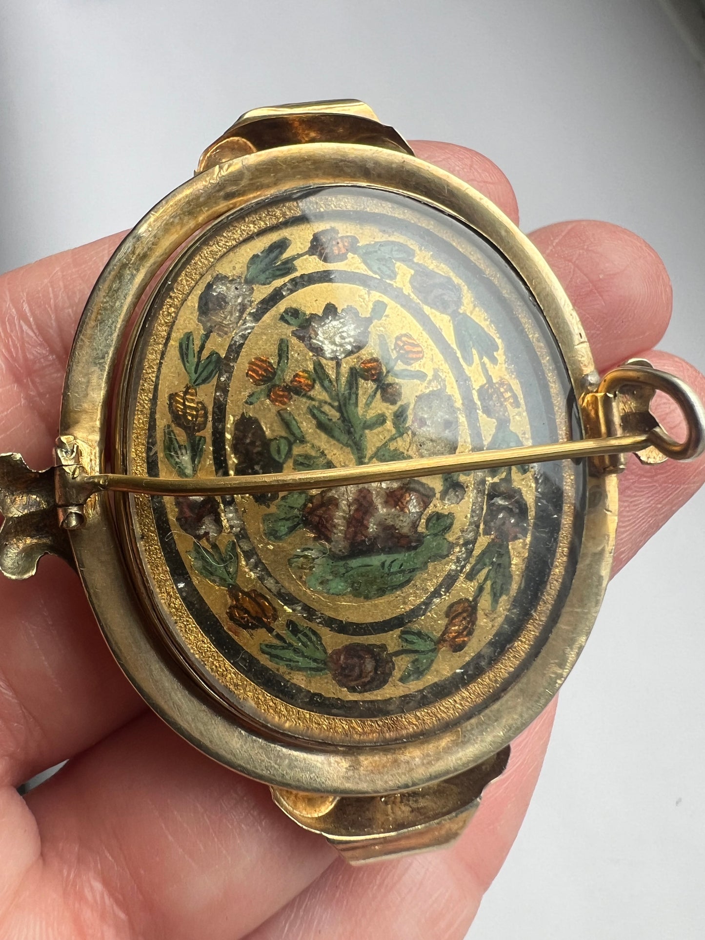 Unusual Picture Locket Swivel Brooch Solid 9ct Gold and Enamel Flowers
