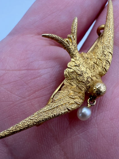RESERVED 15ct Gold Swallow With Pearl Brooch