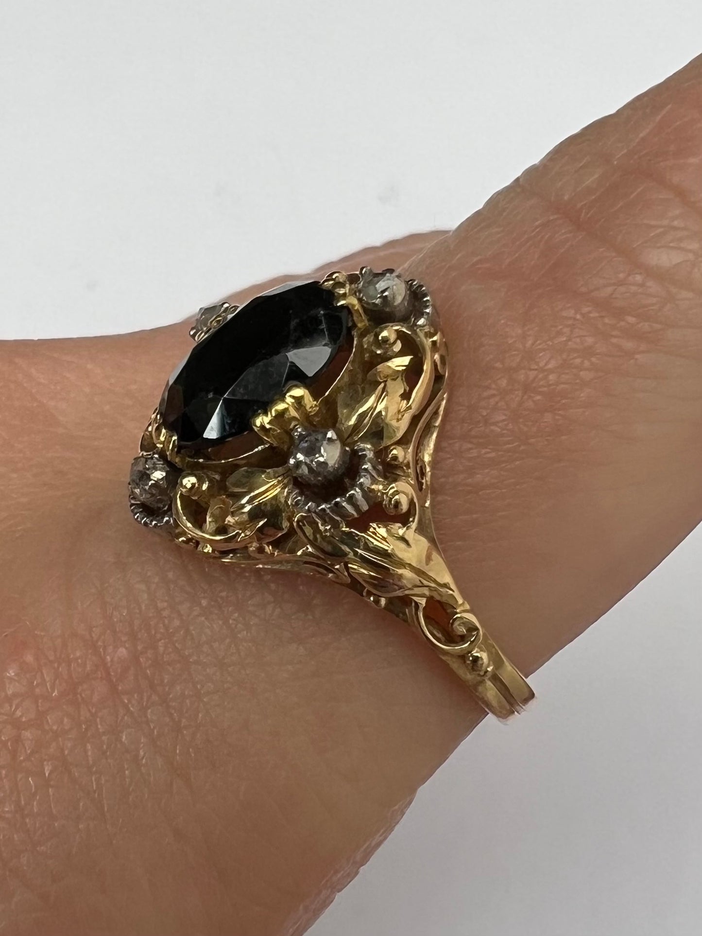 Unusual Arts and Crafts Green Tourmaline Diamond Gold Ring Perhaps American