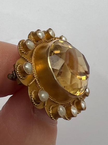 Large Citrine and Pearl Victorian Gold Flower Brooch