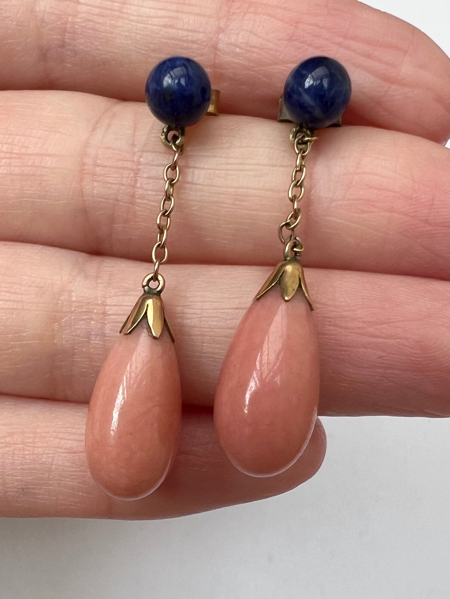 Very Elegant Angel Skin Pink Coral Lapis Lazuli Gold Drop Earrings