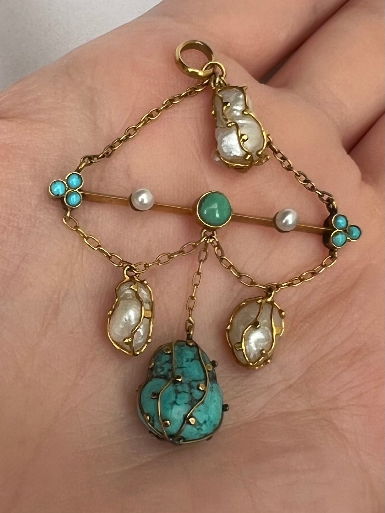 18ct Gold Arts & Crafts Pearl Turquoise Pendant Possibly Liberty