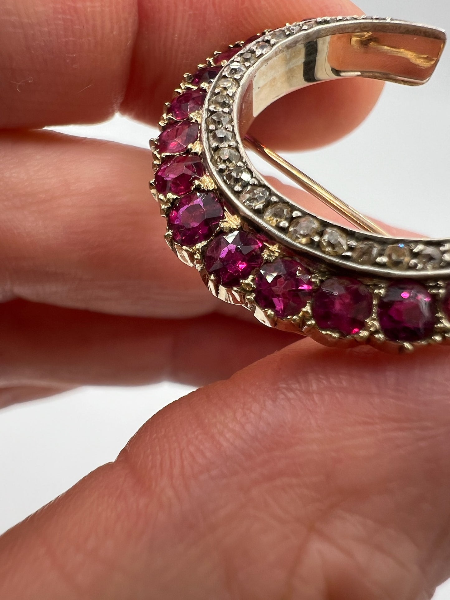 Antique Gold Diamond Ruby Crescent Brooch Pin in Original Box