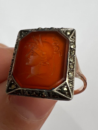 Carnelian Intaglio Hardstone Seal Ring in Gold Silver Marcasite