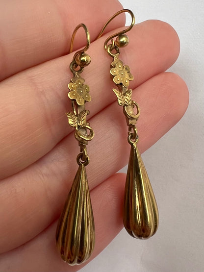 Victorian Torpedo and Flower Gold Drop Dangly Earrings