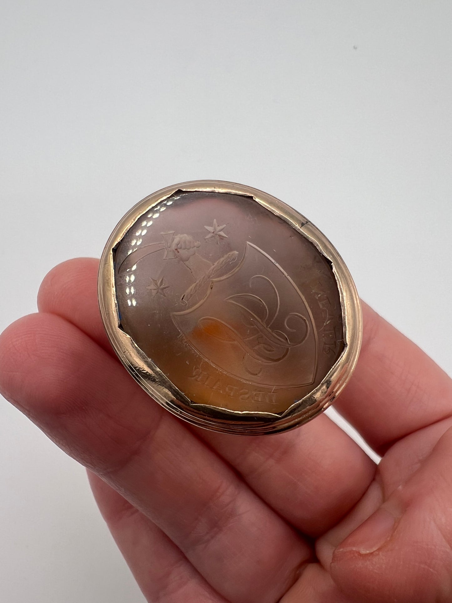 Very Large Georgian Agate Gold Intaglio Fob Seal "Never Despair"