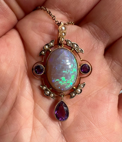 Striking Antique Large Opal Amethyst & Seed Pearl Pendant & Chain