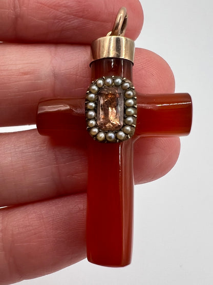 Georgian Reliquary Carnelian Imperial Topaz Gold & Pearl Crucifix