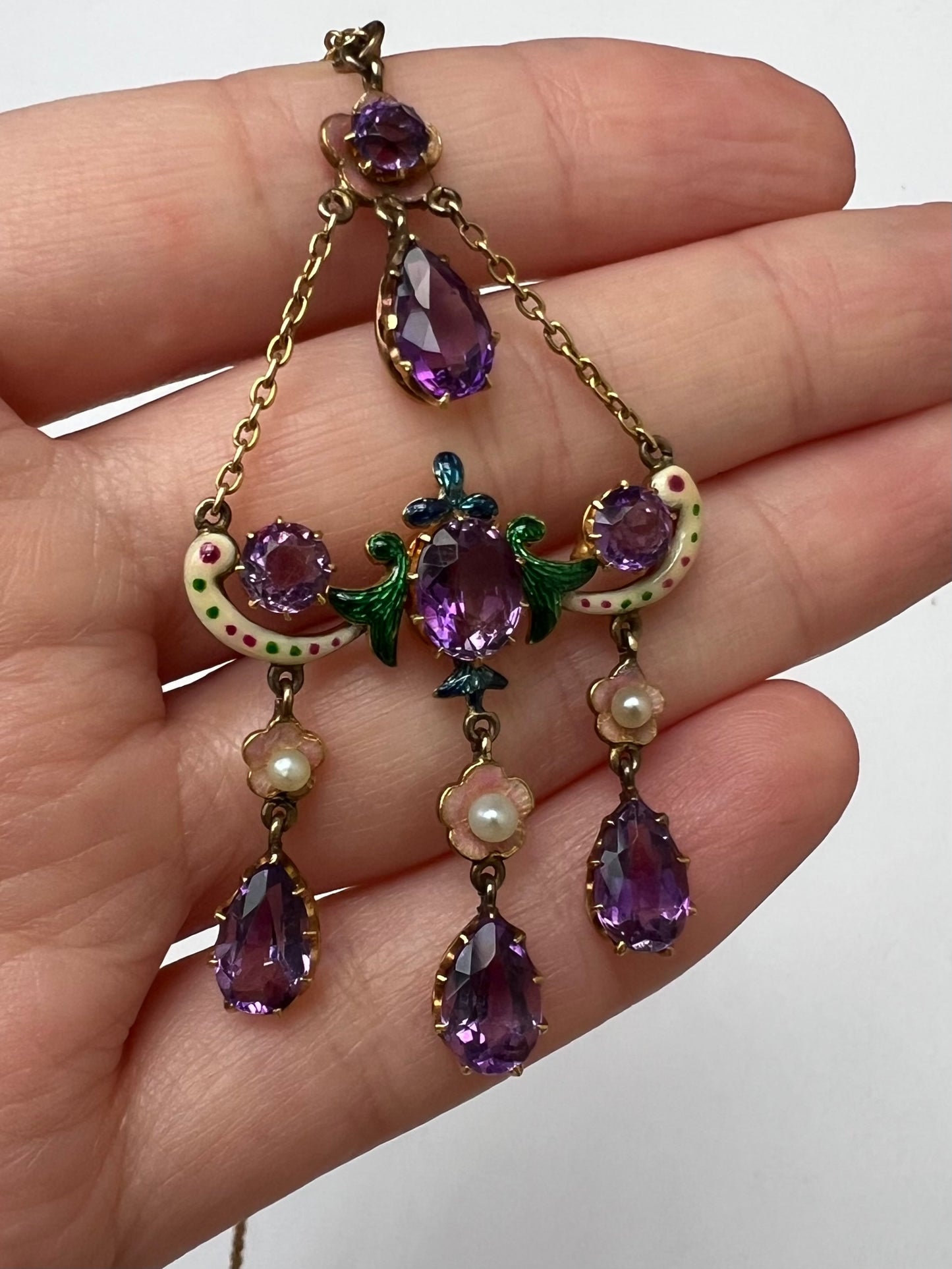 Sentimental Victorian 15ct Gold Amethyst Necklace in Suffragette Colours