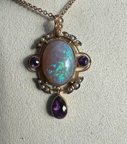 Striking Antique Large Opal Amethyst & Seed Pearl Pendant & Chain