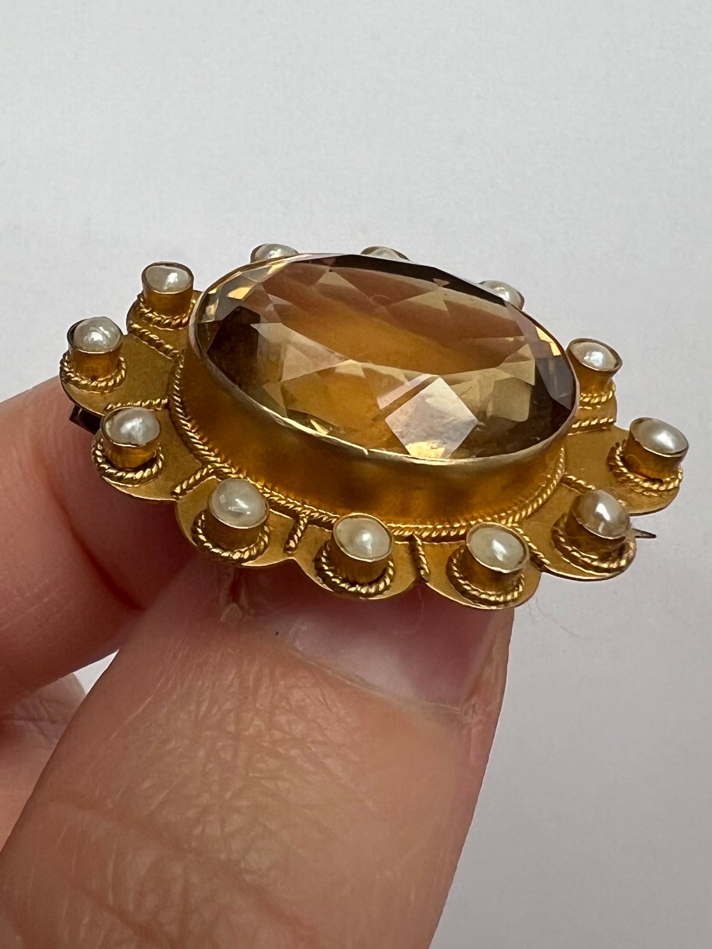 Large Citrine and Pearl Victorian Gold Flower Brooch