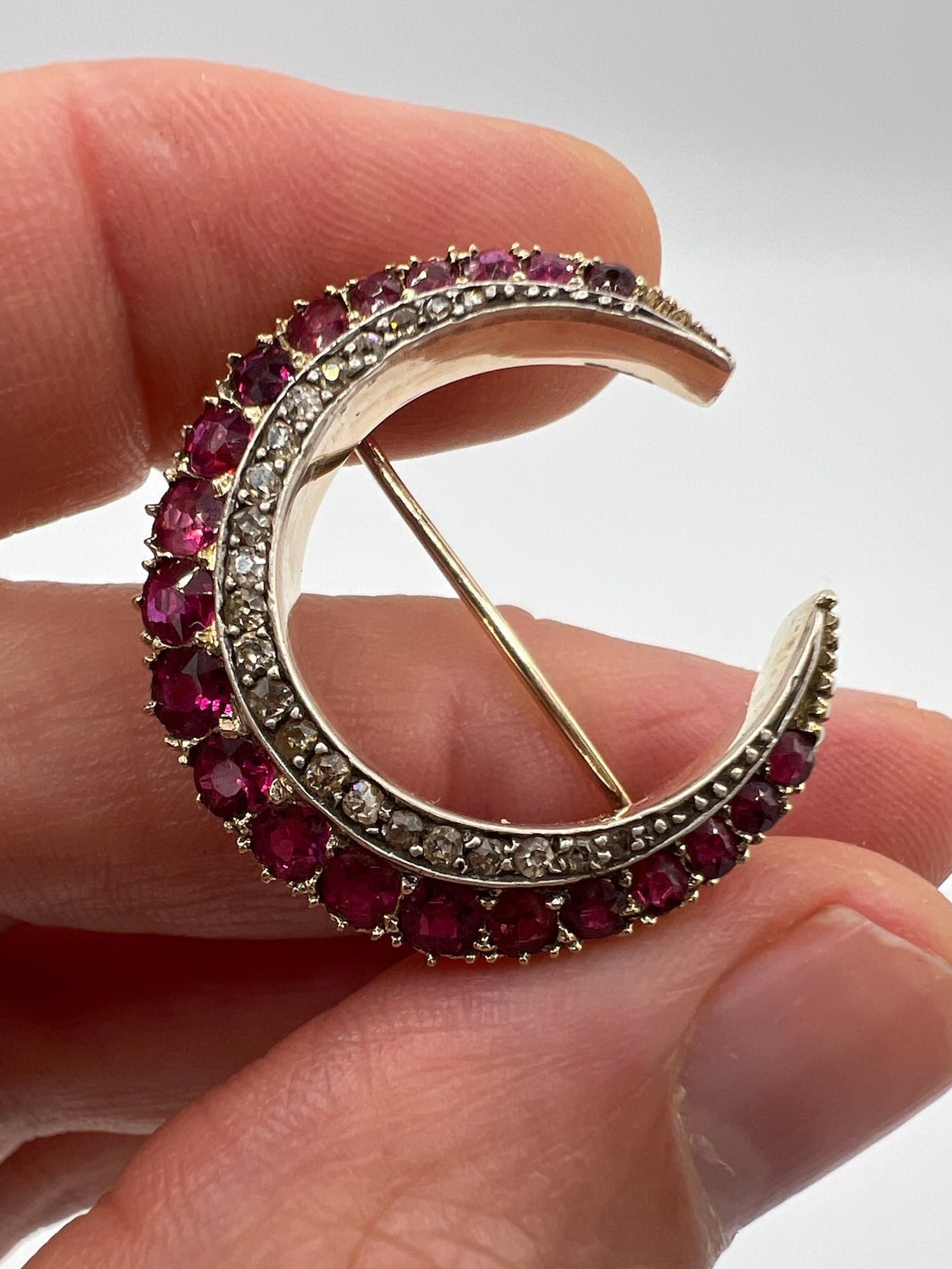 Antique Gold Diamond Ruby Crescent Brooch Pin in Original Box