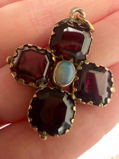 Georgian Revival Victorian Gold Almandine Garnet Opal Cruciform Pendant