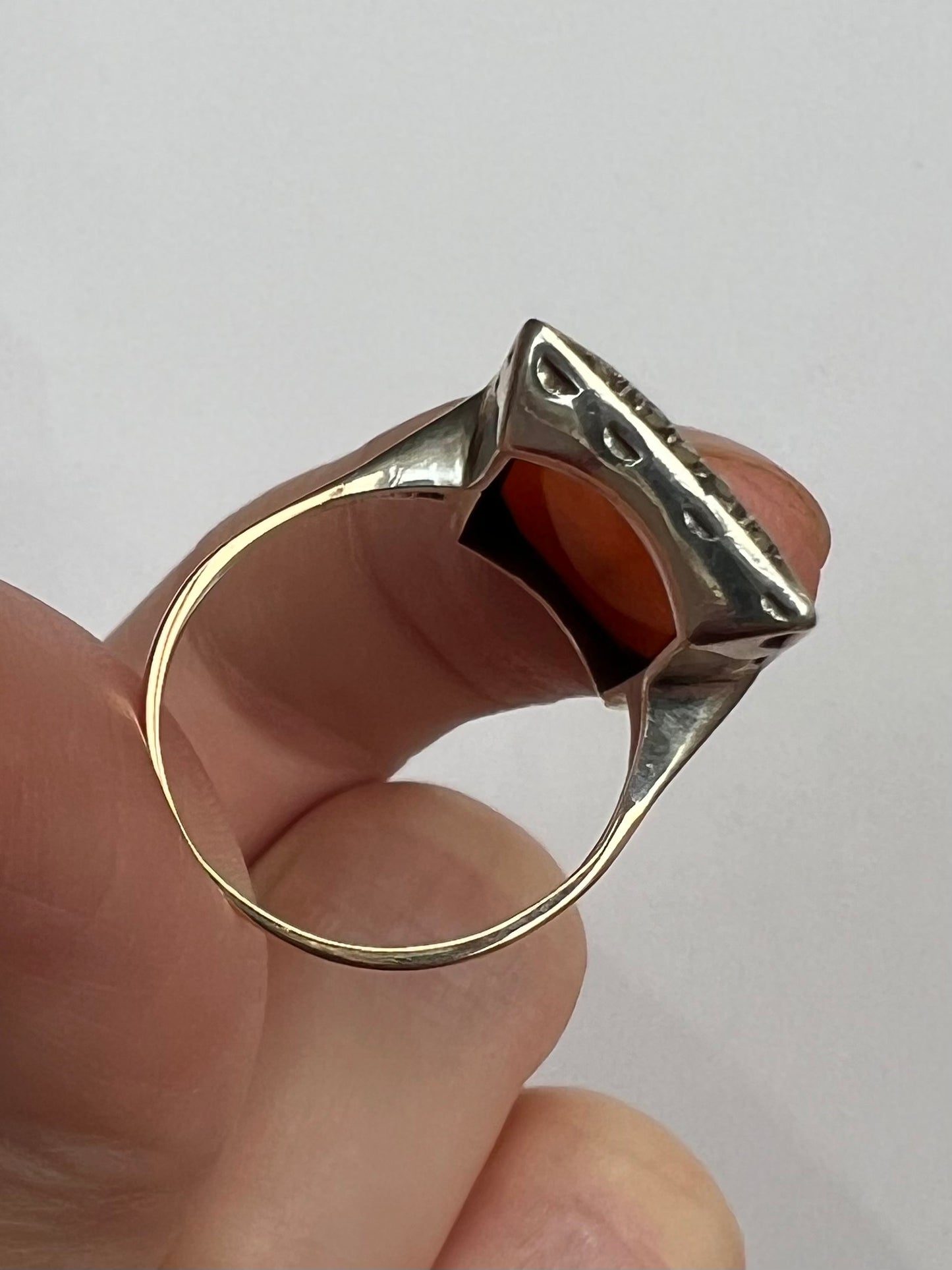 Carnelian Intaglio Hardstone Seal Ring in Gold Silver Marcasite
