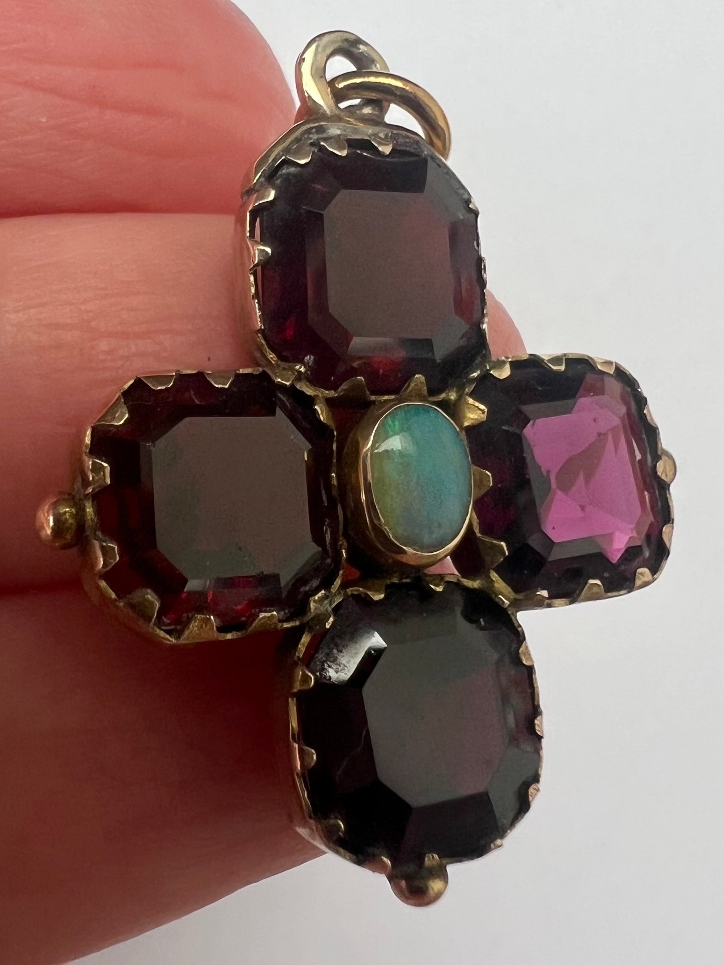 Georgian Revival Victorian Gold Almandine Garnet Opal Cruciform Pendant
