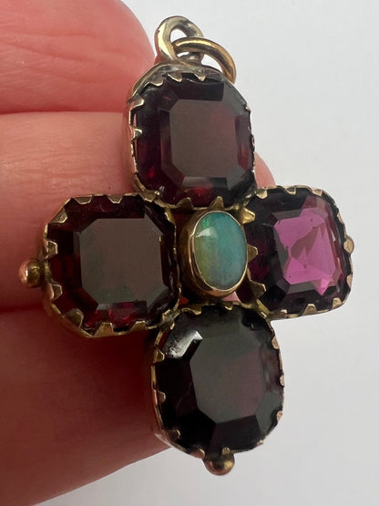 Georgian Revival Victorian Gold Almandine Garnet Opal Cruciform Pendant