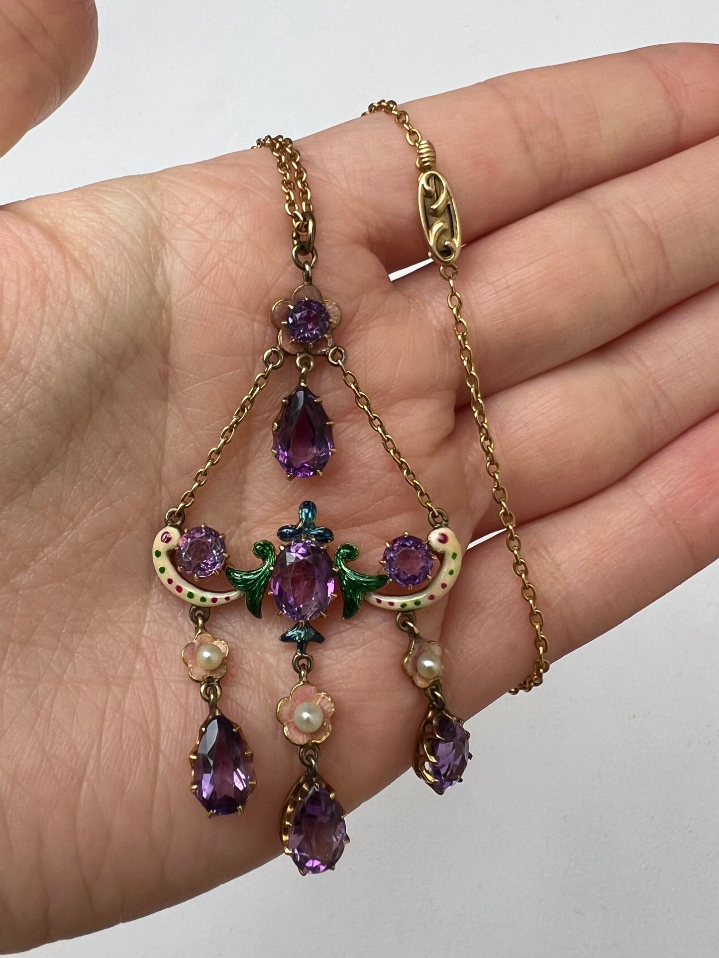 Sentimental Victorian 15ct Gold Amethyst Necklace in Suffragette Colours