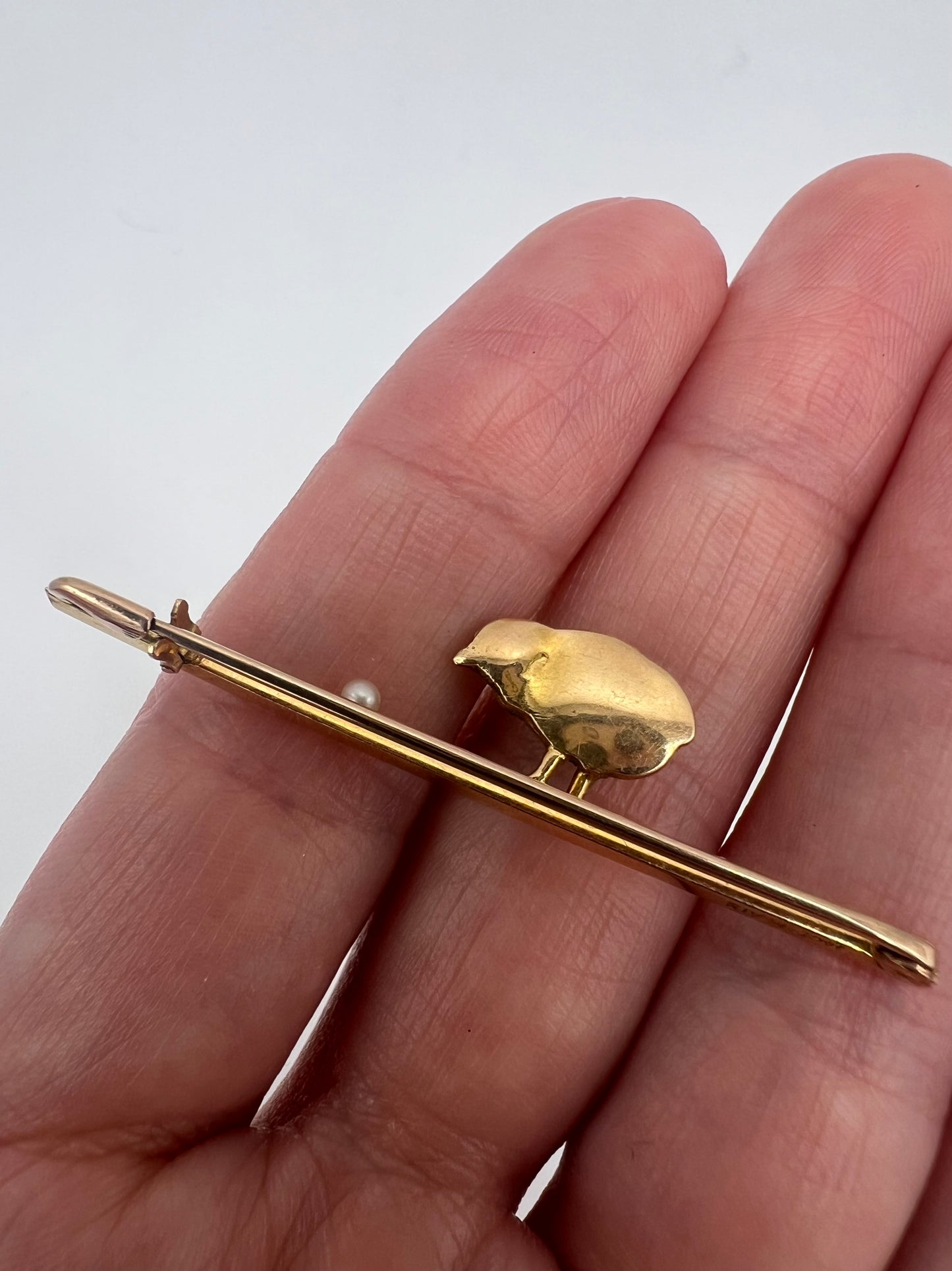 RESERVED Please enquire - Originally Boxed 14ct Gold Easter Chick and Pearl Stick Pin