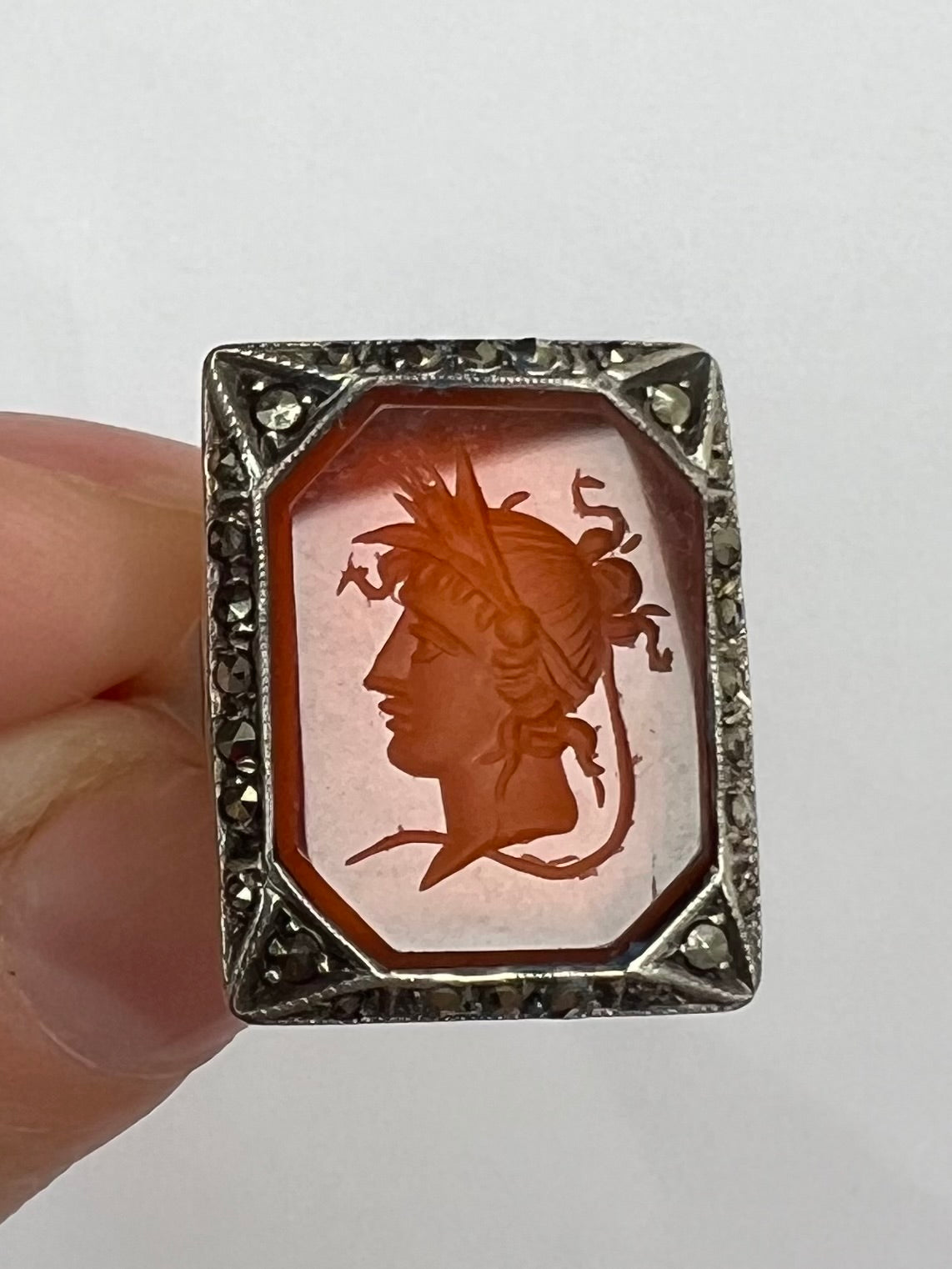 Carnelian Intaglio Hardstone Seal Ring in Gold Silver Marcasite