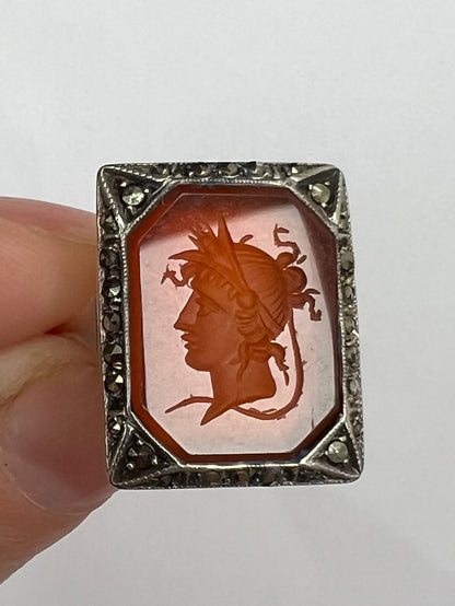 Carnelian Intaglio Hardstone Seal Ring in Gold Silver Marcasite