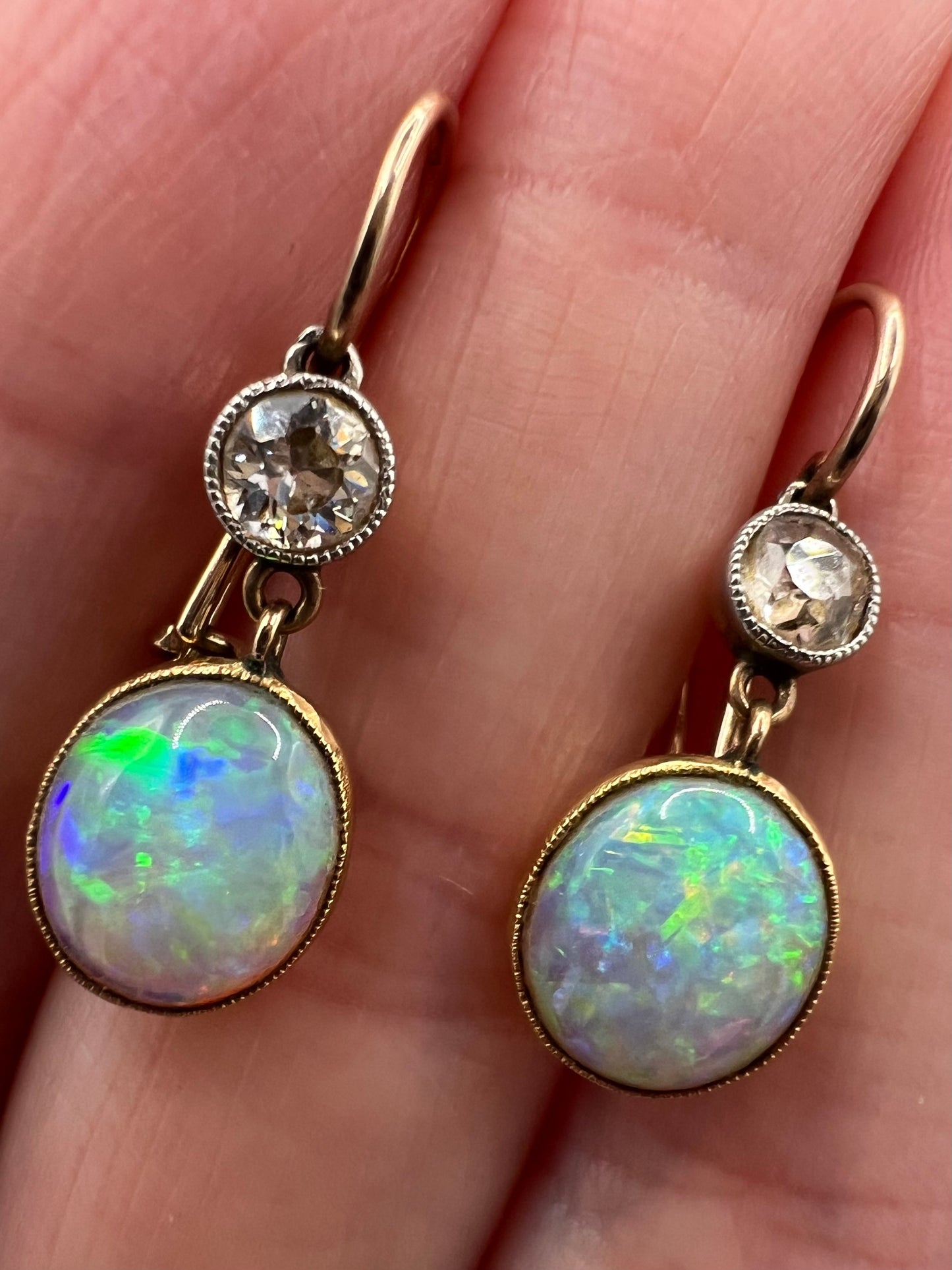 Stunning Antique Opal And Old Cut Diamond Earrings