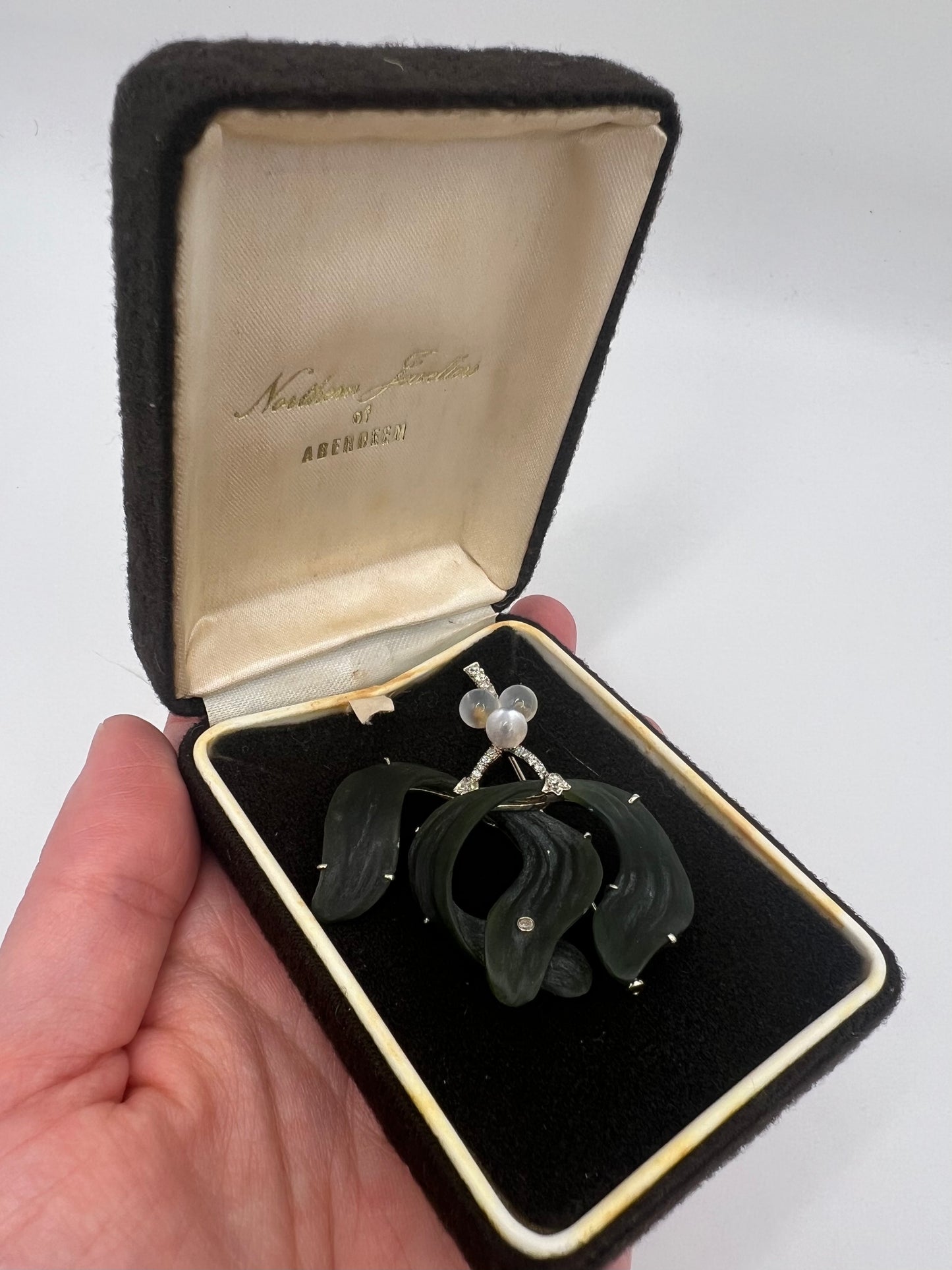 Nephrite Jade, Moonstone, Diamond White Gold Christmas Mistletoe Brooch / Pendant