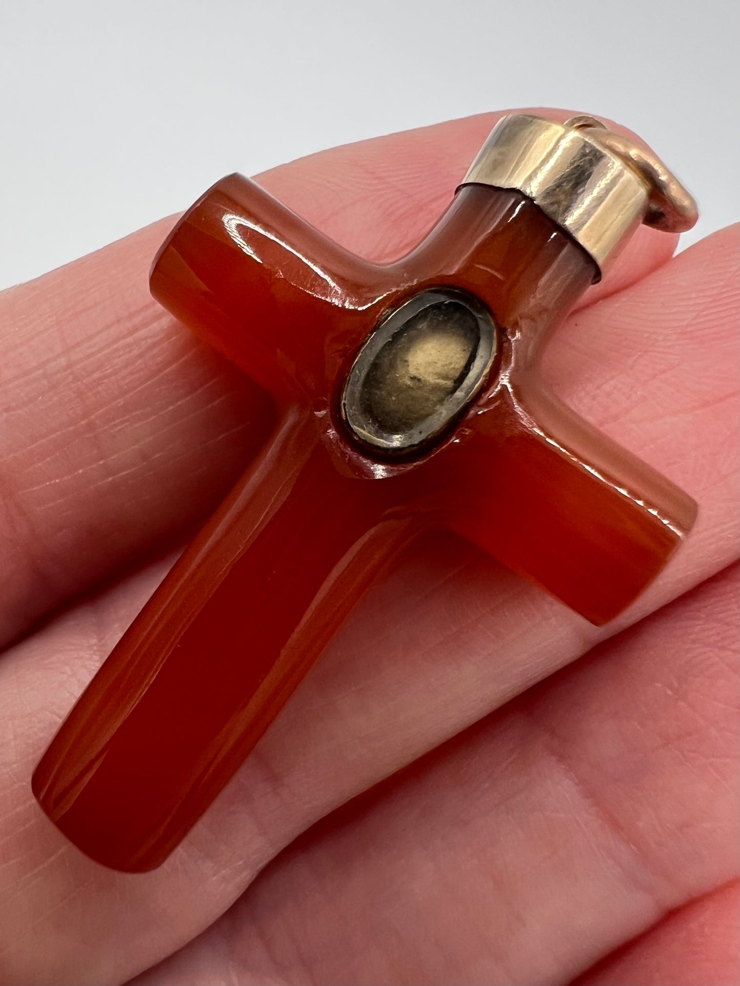 Georgian Reliquary Carnelian Imperial Topaz Gold & Pearl Crucifix