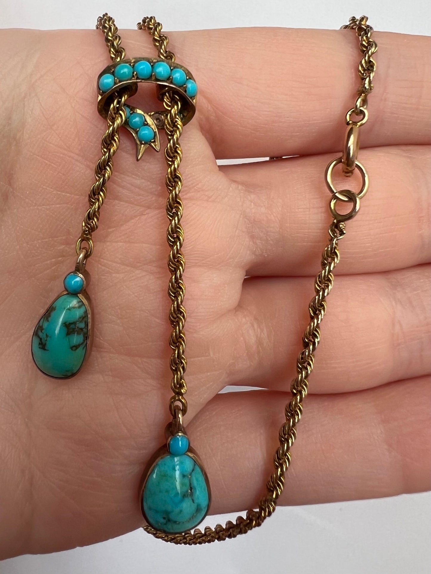 c1915 Turquoise & Gold Negligee Double Drop Pendant Necklace
