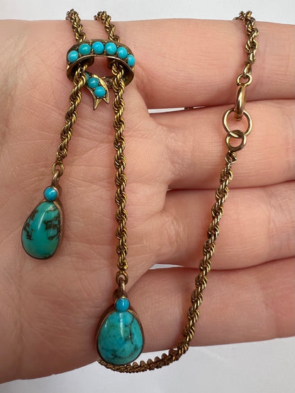 c1915 Turquoise & Gold Negligee Double Drop Pendant Necklace