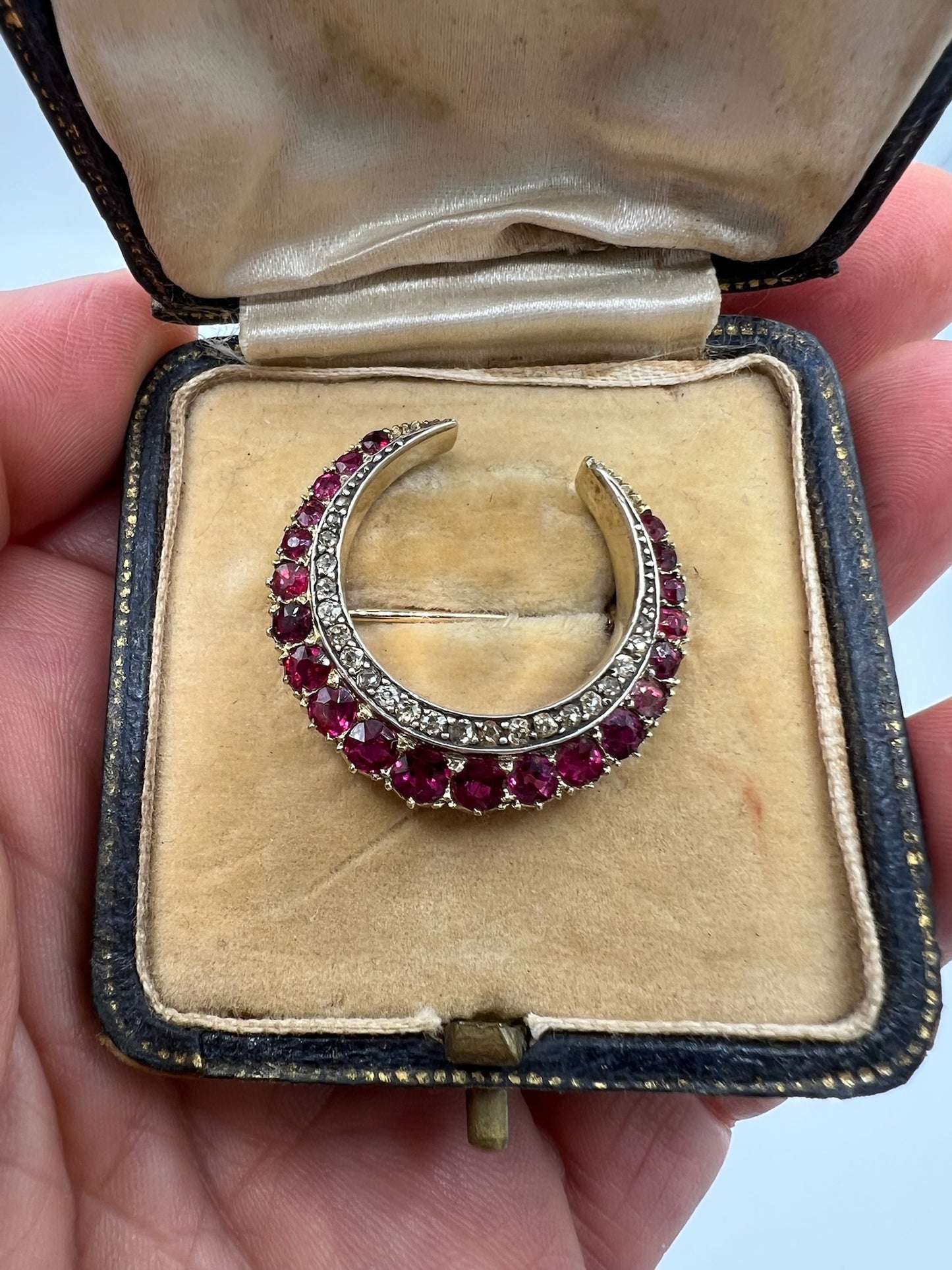 Antique Gold Diamond Ruby Crescent Brooch Pin in Original Box