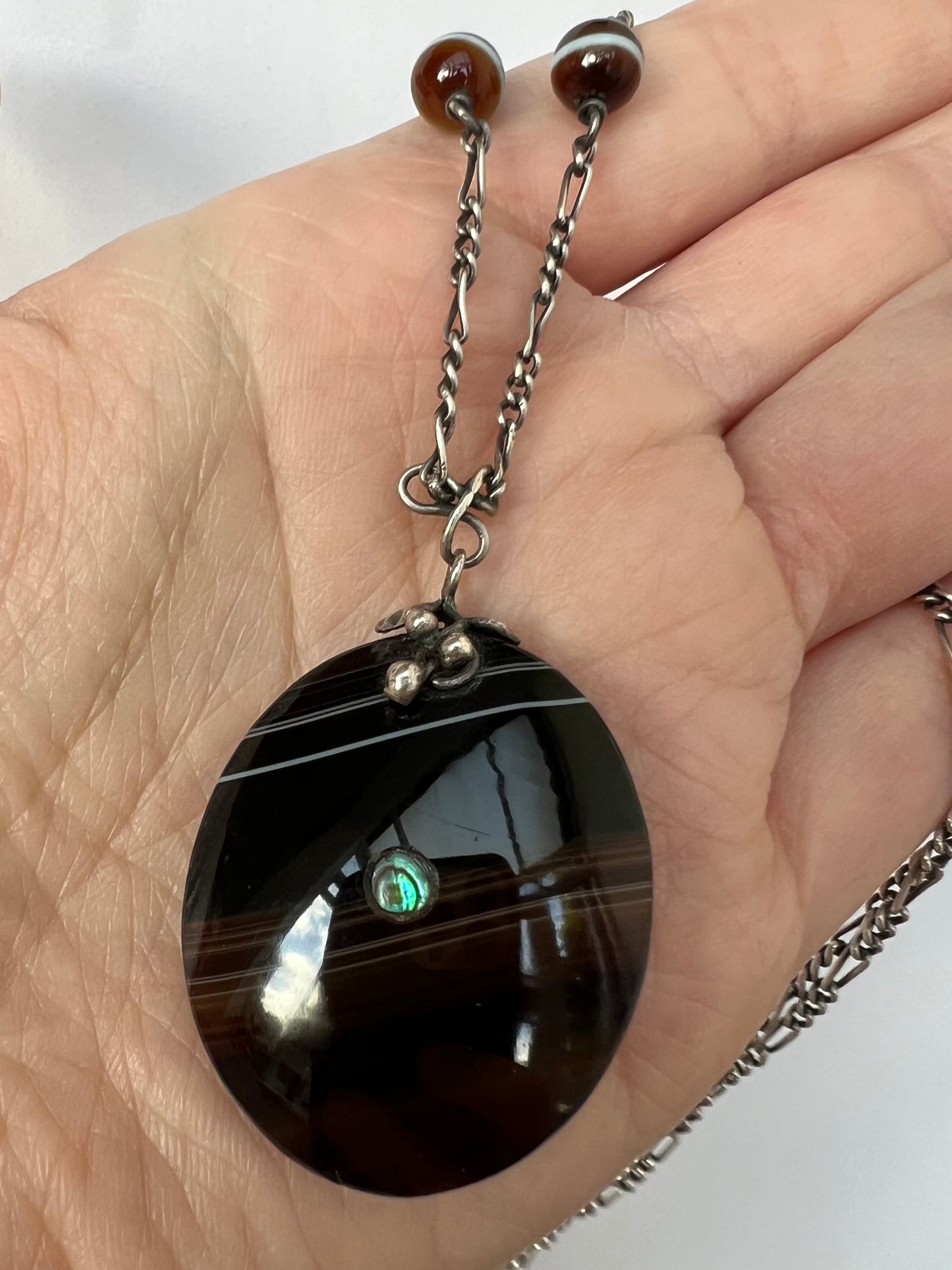 Arts & Crafts Banded Agate Silver Pendant Necklace