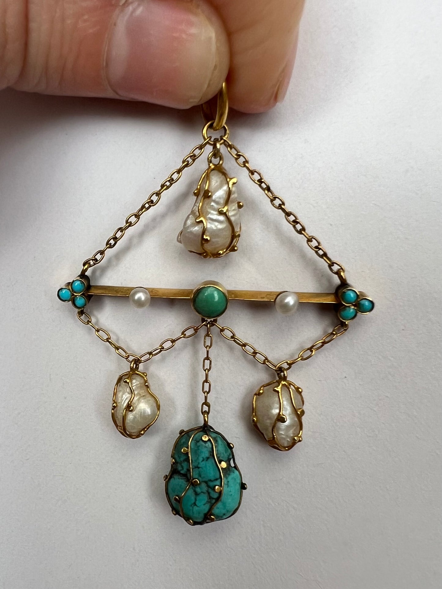 18ct Gold Arts & Crafts Pearl Turquoise Pendant Possibly Liberty