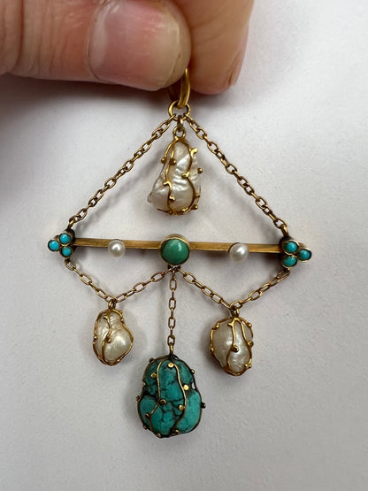 18ct Gold Arts & Crafts Pearl Turquoise Pendant Possibly Liberty