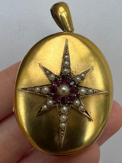 Victorian Gold Ruby Pearl Large Locket Star Pendant