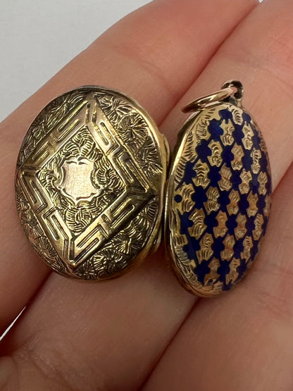 Cute Enamelled Gold Blue Oval Locket