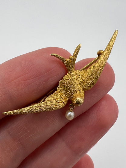 RESERVED 15ct Gold Swallow With Pearl Brooch