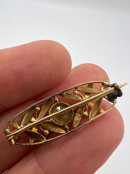 Murrle Bennett 15ct Gold Peridot Art Nouveau Mistletoe Brooch