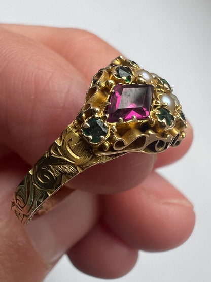 Antique 15ct Gold Pink Green Garnet Pearl Engraved Ring