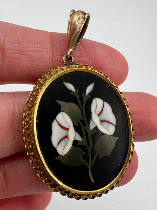 Pietra Dura Flower Locket Pendant in Exquisite Etruscan Gold Frame